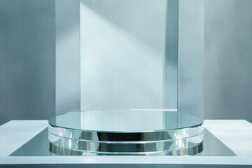 Poster - polished reflective podium with clean mirrored surfaces highlighted by subtle lighting in minimalist setting with generous