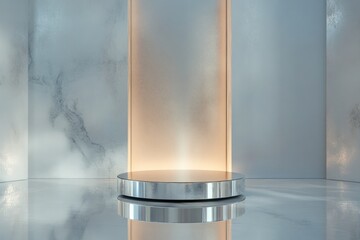 Poster - polished reflective podium with clean mirrored surfaces highlighted by subtle lighting in minimalist setting with generous