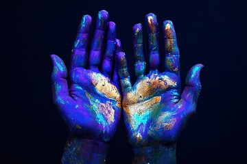 Poster - Vibrant Hands with Neon Paint Against Dark Background Displaying Artistry