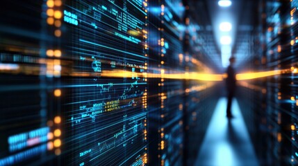 Poster - Individual walking through a tunnel of data visualizations representing information flow and digital connectivity