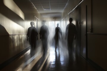 Wall Mural - A group of people walking down a hallway with their shadows on the floor