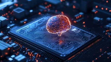 Poster - Conceptual illustration of a human brain merged with digital circuitry representing advanced technology and intelligence