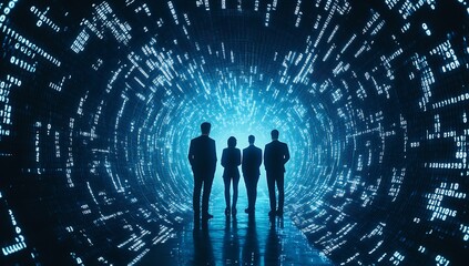 Aufkleber - Dramatic view of silhouettes in a vibrant blue digital tunnel highlighting teamwork and technology : Generative AI