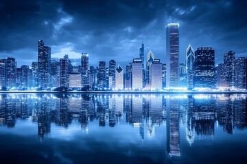 Poster - Stunning Night Skyline of Chicago Reflected in Water Showcasing Modern Architecture and City Lights : Generative AI