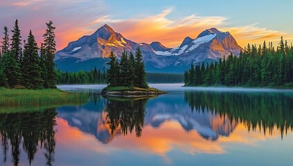 Poster - Magnificent sunset view over pristine lake with mountains and lush forests creating a serene atmosphere : Generative AI