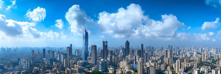 Poster - Another beautiful panoramic city view showcasing towering buildings and vibrant skyline under fluffy clouds : Generative AI