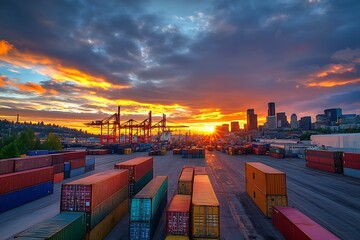 Poster - Stunning sunset view over urban cargo port filled with colorful shipping containers and skyline in the background : Generative AI