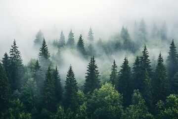 Aufkleber - Serene View of a Misty Forest Filled with Tall Trees and Enveloping Fog : Generative AI