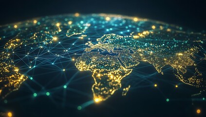 Leinwandbilder - Illuminated World Map with Network Connections Highlighting Major Cities and Regions : Generative AI