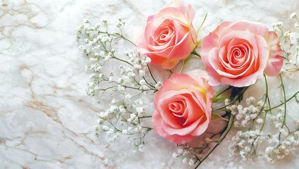 Poster - Charming arrangement of pink roses and white fillers on a stylish marble surface : Generative AI