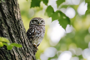 Poster - Alert owl perched on rugged tree bark surrounded by blurred green leaves creating a tranquil atmosphere : Generative AI