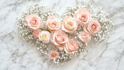Poster - Beautiful arrangement of soft pink roses and delicate flowers forming a heart shape on a classic marble background : Generative AI