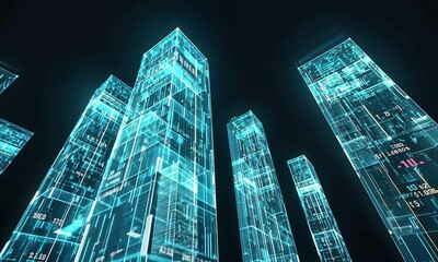 Poster - exploring a futuristic cityscape with glowing skyscrapers and digital elements at night