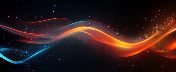 Poster - Luminous abstract flow of colors with glowing particles in dynamic waves of orange and blue : Generative AI