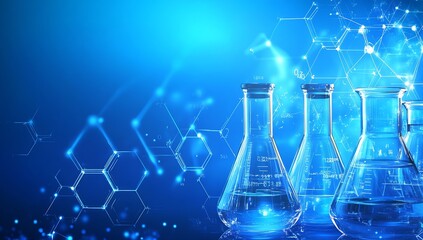 Poster - Intricate laboratory setup with glass beakers reflecting vibrant blue light conveying the essence of scientific research and innovation : Generative AI