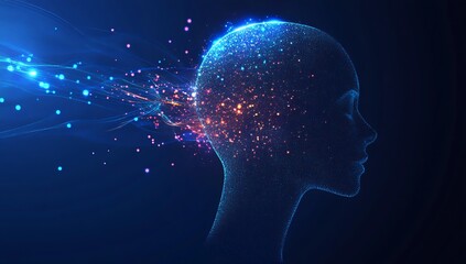Aufkleber - An artistic representation of a profile of a head with flowing light and vibrant particles symbolizing thoughts and ideas : Generative AI