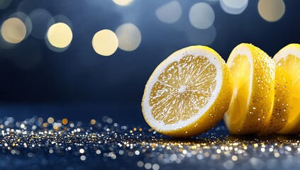 Poster - Fresh and vibrant lemon slices arranged on a sparkling surface with colorful bokeh lights in the background : Generative AI