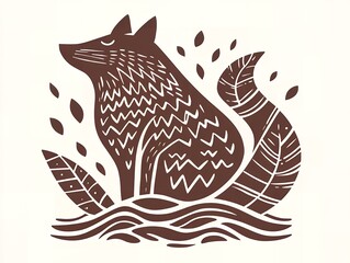 Poster - Stylized Brown Wolf Illustration with Leaves and Water Design Element