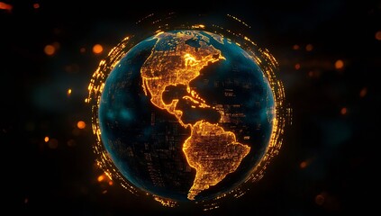 Fototapete - Eye-catching globe depiction showcasing North and South America illuminated by interconnected lines of data : Generative AI