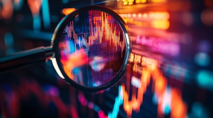Poster - Magnifying glass highlighting colorful financial data on a digital screen in a modern trading environment : Generative AI