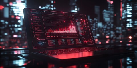 Poster - High-tech laptop showcasing intricate data visuals amidst a dazzling metropolitan backdrop at night : Generative AI