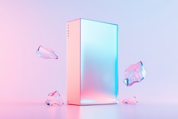 Poster - vibrant rendering of gaming console displayed with abstract floating shapes and holographic effects surrounded by wide