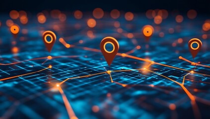 Leinwandbilder - Detailed visualization of a digital map showcasing location markers and network connections in vibrant blue and orange colors : Generative AI