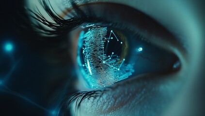 Fototapete - Detailed vision of a human eye highlighting a complex network of data and global mapping in technology : Generative AI