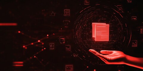 Fototapete - Innovative design featuring a hand extending towards a floating secured document in a dramatic red digital environment symbolizing data privacy : Generative AI