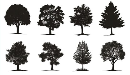 Poster - Collection of Eight Unique Tree Silhouettes Showcasing Various Foliage and Shapes : Generative AI