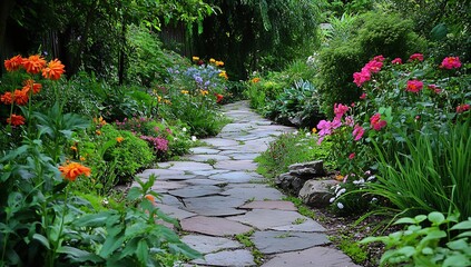 Poster - Serene Garden Pathway Surrounded by Vibrant Flowers and Lush Greenery in Springtime Setting : Generative AI