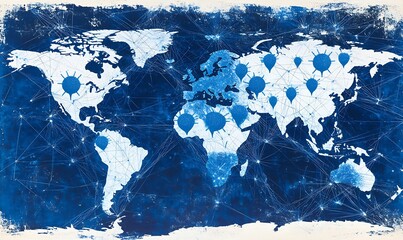 Poster - Creative world map artwork depicting blue landscapes with interconnected features and symbols : Generative AI