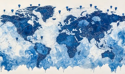 Poster - Artistic Blue World Map Featuring Connection Points and Unique Design Elements for Travel Enthusiasts : Generative AI