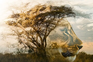 Poster - Majestic lion silhouette merged with acacia tree creating stunning wildlife art : Generative AI