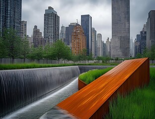 Aufkleber - Dynamic Water Feature with Green Surroundings and Urban Elements in Cityscape : Generative AI