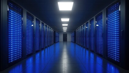 Poster - Vast server room illuminated by blue lights, showcasing rows of data cabinets with glowing panels, emphasizing technology and digital connectivity