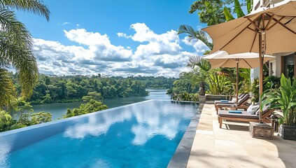 Aufkleber - Stunning infinity pool overlooking lush landscape and serene lake surrounded by trees and blue sky : Generative AI