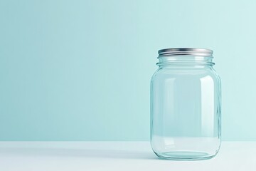 Poster - empty glass jar mockup with metal lid placed on flat white surface under soft diffused lighting