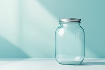 Poster - empty glass jar mockup with metal lid placed on flat white surface under soft diffused lighting