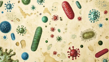 Poster - Colorful Microorganisms and Bacteria Illustration Showing Diverse Types and Shapes in a Scientific Style : Generative AI