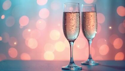 Poster - Celebratory champagne glasses with colorful bokeh lights create festive elegant image. Bright sparkles, bubbles, cheers, luxurious drink beverage for background, holiday. Shimmering, joyful glamour