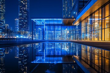 Poster - Contemporary architectural marvel with blue lighting reflecting on a still water surface showcases modern design and urban charm : Generative AI