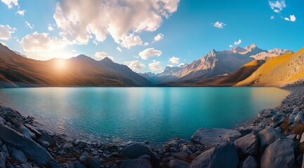 Poster - Stunning Mountain Lake Scene Captured During Golden Hour with Beautiful Sky and Rugged Terrain : Generative AI