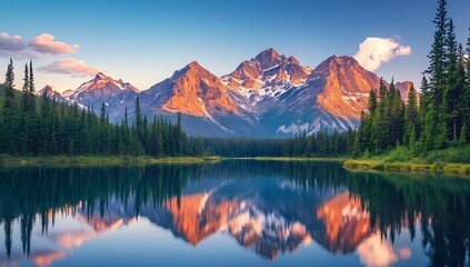 Poster - Magnificent lake view featuring towering mountains beautifully reflected in calm water during sunset : Generative AI