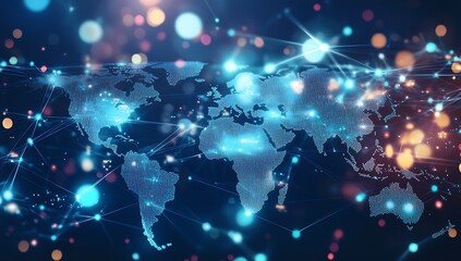 Leinwandbilder - Stunning world map in a digital landscape with vibrant lights depicting connectivity and data : Generative AI