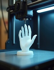 Poster - 3D printer creates white plastic hand model. Modern 3d-printing tech in laboratory. Prototype manufacturing, science concept. Three-dimensional printing, electrical engineering design. Technical