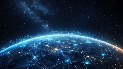 Poster - Dynamic visual of Earth showcasing a glowing network of light connections against the cosmos : Generative AI