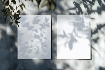 Aufkleber - Sophisticated look at empty white panels adorned by delicate shadows from leaves on a minimalist wall : Generative AI