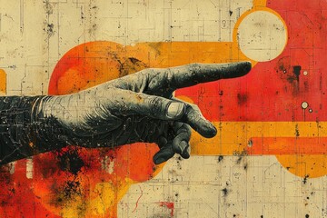 Leinwandbilder - Hand reaching towards a circular object against a colorful industrial background