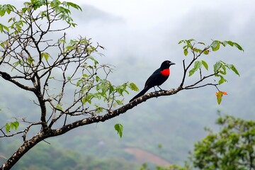 Poster - Vibrant black and red bird on a stark branch with a misty mountainous backdrop in a natural setting : Generative AI